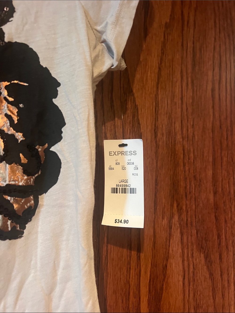 Express Cream V-Neck Tee with Black & Gold Floral Print - Picture 2 of 2